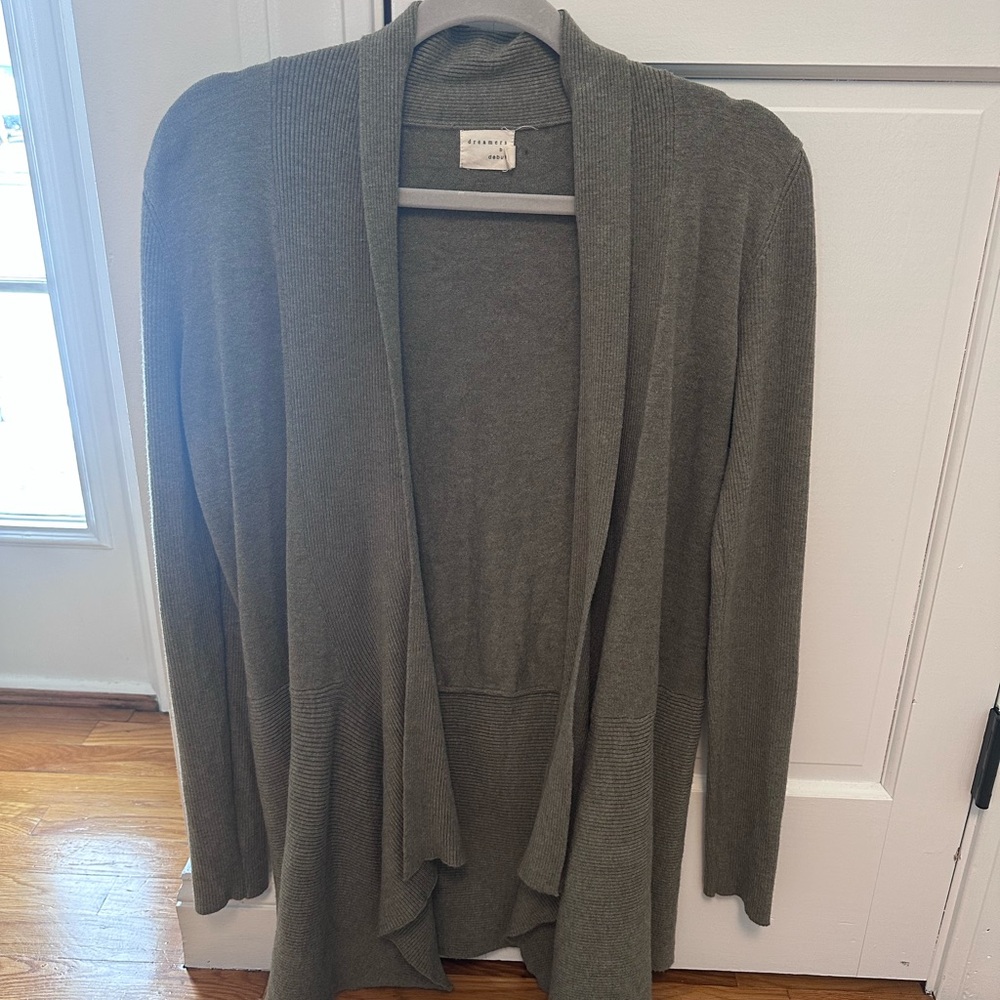 Green Long Cardigan with Open Front and Relaxed Fit